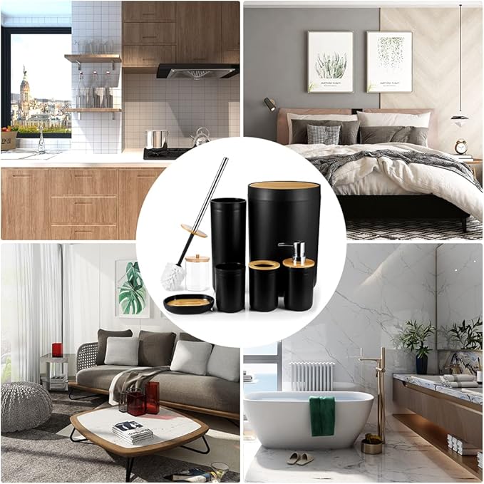 OTOSTAR Bathroom Accessories Set 8 Piece Bamboo Bathroom Accessory Set Bathroom Gift Set with 2 Qtip Holder Trash Can Soap Dispenser Toothbrush Holder Tumbler Cup Soap Dish Toilet Brush Holder (Black)
