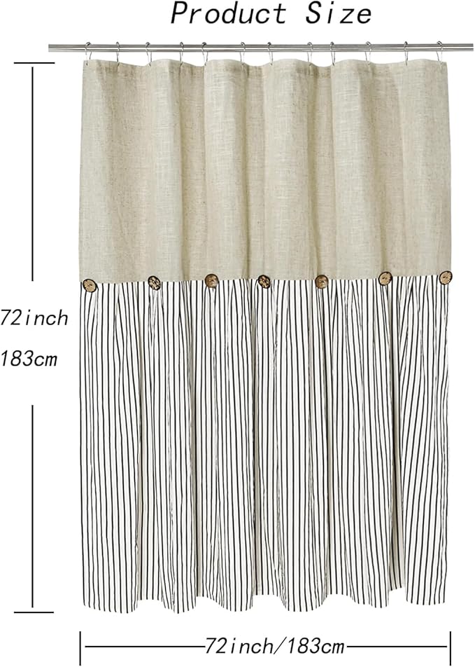 Farmhouse Shower Curtain,Beige and Black Stripe,Button Curtain,Linen and Cotton Woven Fabric,Rustic Charm Country Chic Style,72x72 in