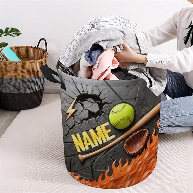 Personalized Softball Laundry Hamper Custom Name Funny Dirty Clothes Laundry Basket Portable Storage Basket For Home Bathroom Family Softball Lovers Xmas Birthday (style 6)