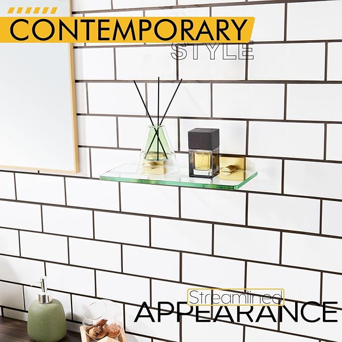 KOKOSIRI Wall Shelves 12 Inches Tempered Glass Shelf Floating Rack for Kitchen Storage Home Decor Bathroom Hardware, Gold Stainless Steel B1107BG-L12