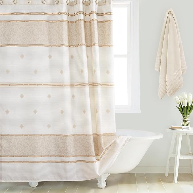 Fabric Shower Curtain, Waterproof for Bathroom with Beige Tan Stripe, 72" W x 72" H