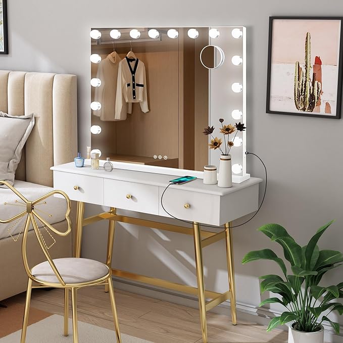 Moonee Hollywood Vanity Mirror with Lights,Makeup Mirror with 18 Dimmable Bulbs and 10X Magnification,3 Colors Modes,Aluminum Metal Frame,USB Charging Port(32" x 24")