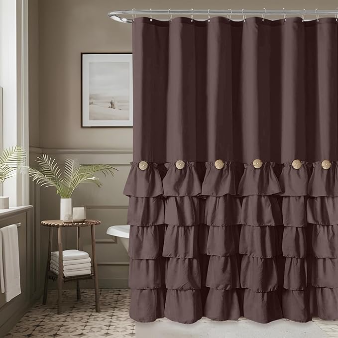 Seasonwood Brown Shower Curtains for Bathroom Dark Brown Ruffle Shower Curtain with Natural Buttons Farmhouse Style 72×84