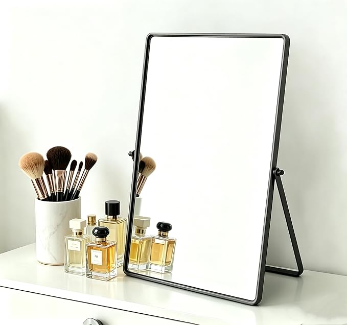 Feyarl Desktop Makeup Vanity Mirror 11.8 x 7.87 Inch Tabletop Mirror 90° Rotation Decorative Standing Cosmetic Mirror for Home Deco Bedroom Bathroom Desk Dresser (Gunmetal Black)