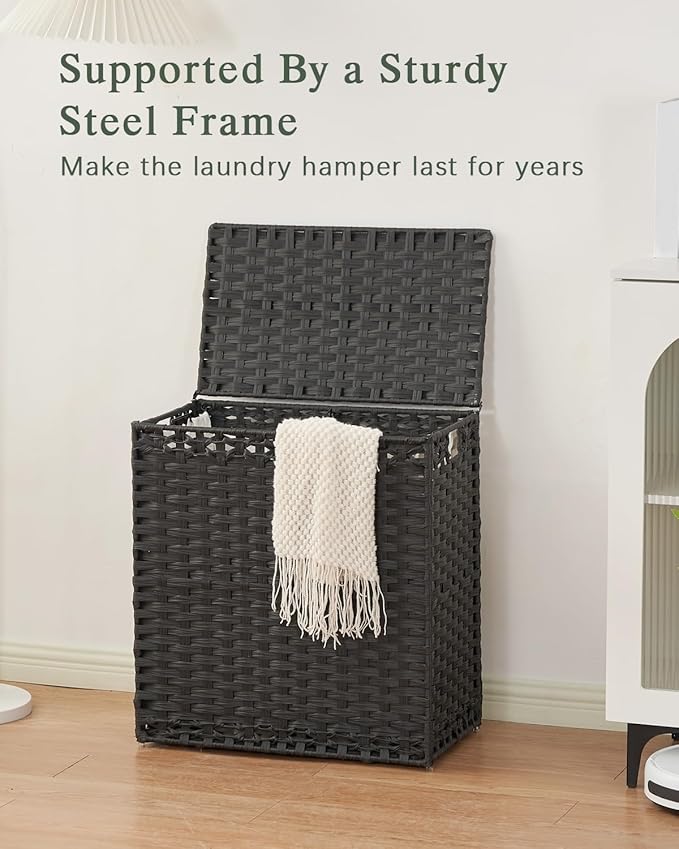 SETVSON Laundry Hamper with Lid Wicker Laundry Basket 112 L (29.6 Gal) Laundry Hampers Handwoven Rattan Clothes Hamper with Handles 3 Removable Liner Bag, 6 Mesh Bags for Bathroom Bedroom Black