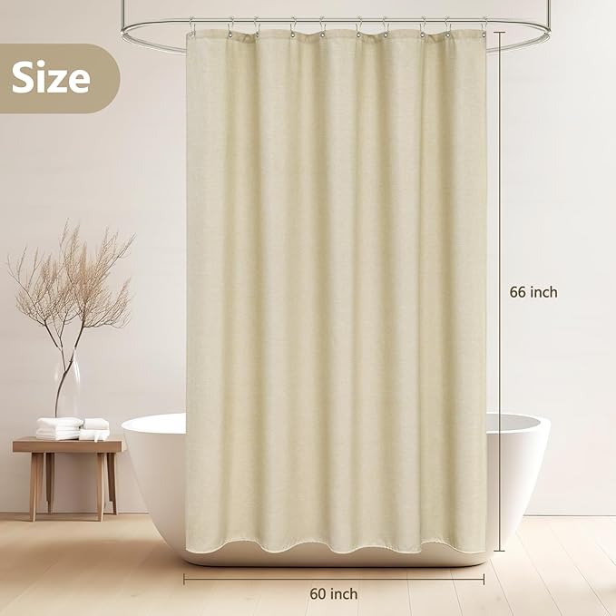 Heavyweight Beige Fabric Shower Curtain Short 60 x 66 inch, Water-Resistant Faux Linen Polyester Farmhouse Shower Curtain, Linen Look Small Bathroom Curtain for Rv Camper Trailer