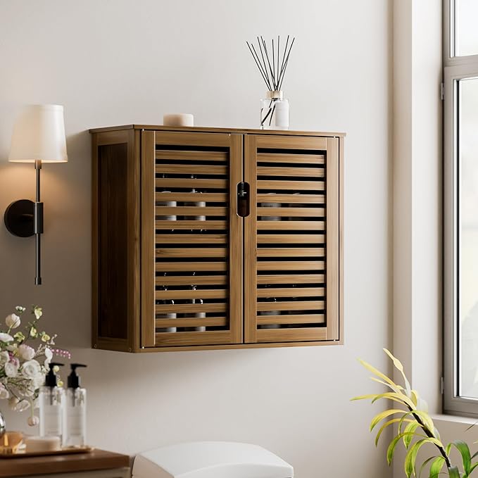 HITNET Medicine Cabinet, Bathroom Storage Cabinet Wall Mounted, Over The Toilet Space Saver Organizer with Doors and Bamboo Shelves, Walnut