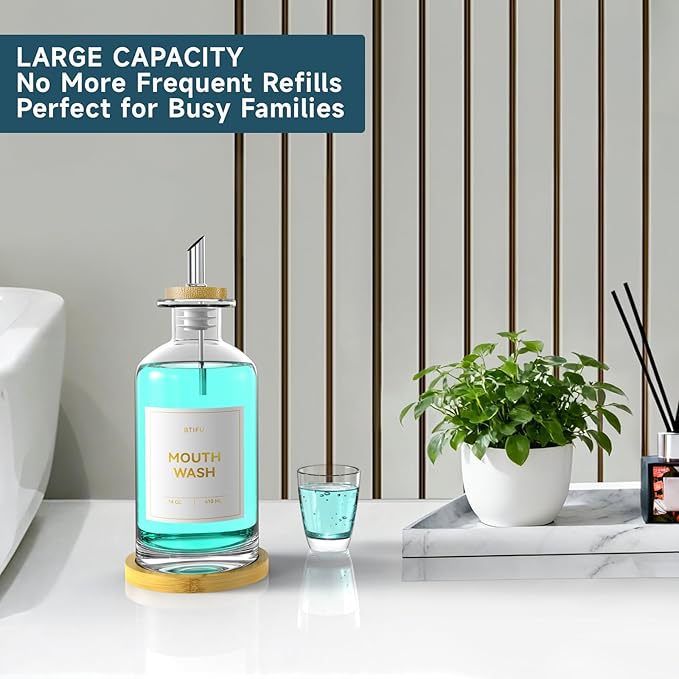 Glass Mouthwash Dispenser for Bathroom Countertop – 14oz/410ml Refillable Mouthwash Bottle with Stainless Steel Pour Spout & Bamboo Tray, Modern Decor for Home, Office, Airbnb (Clear)