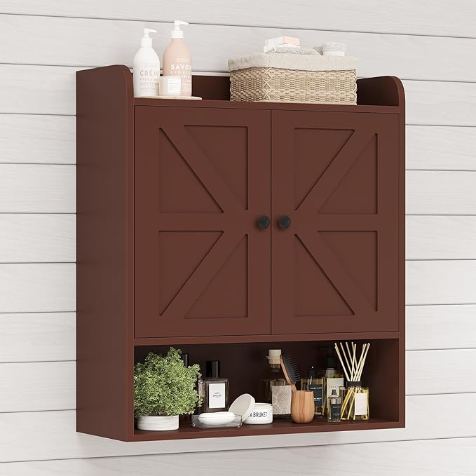 EasyCom 22" W x 26" H Bathroom Wall Cabinet, Farmhouse Medicine Cabinet with Adjustable Shelves and 2 Barn Doors, Over The Toilet Storage Cabinet for Bathroom, Kitchen, Living Room, Russet
