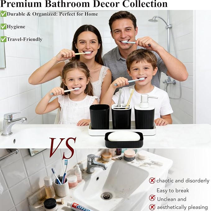 Bathroom Accessories Set 5pcs- Bathroom Set, Plastic Bathroom Accessory Sets with Lotion Soap Dispenser, Soap Dish, Toothbrush Holder, Toothbrush Cup, Vanity Tray, Boho, Modern Bath Decor, Matte Black