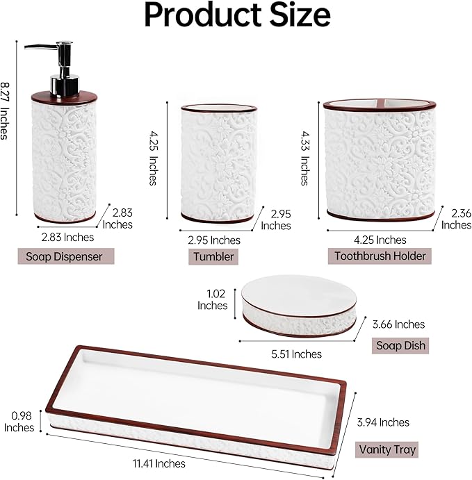 YMXYJM Bathroom Accessories Set, Elegant Handmade Floral Pattern, 5 Pcs Bathroom Accessory Set, Soap Dispenser, Toothbrush Holder, Qtip Holder, Complete Bathroom Sink Set, White