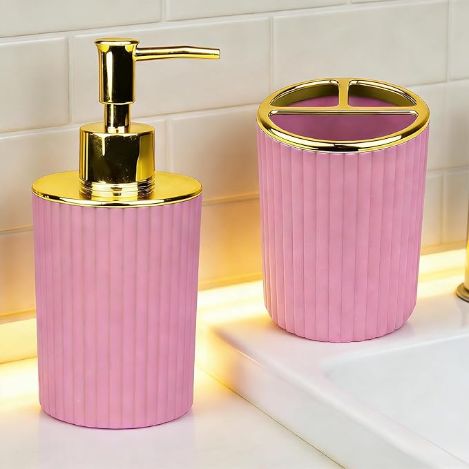 Bathroom Accessories Set, 2-Piece Pink & Gold Soap Dispenser & Toothbrush Holder, Modern ABS Vanity Organizer for Countertop, Minimalist Bathroom Decor