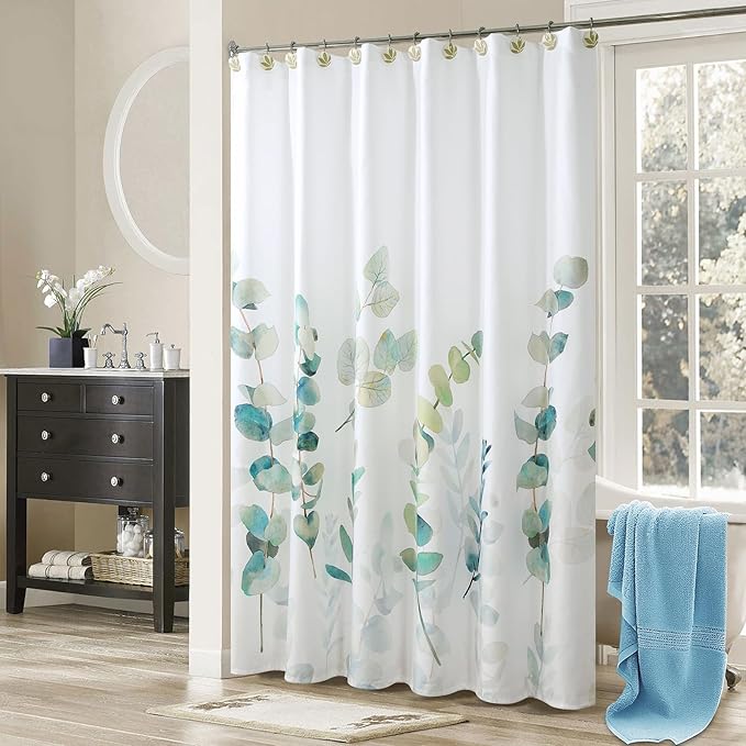 Green Blue Leaf Fabric Shower Curtain, Watercolor Eucalyptus Leaves Plant Shower Curtain, Waterproof Decorative Boho Botanical Bathroom Curtains, 72" W x 72" H