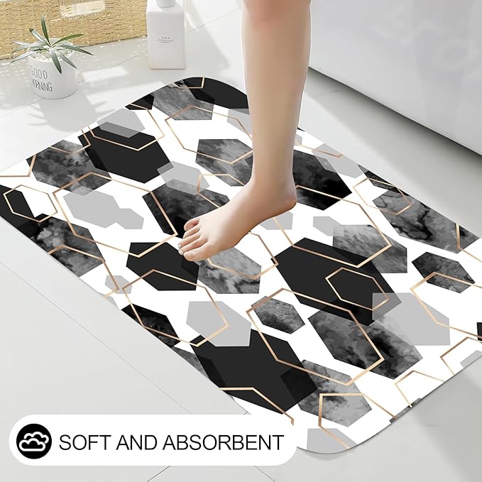 Muuyi 4Pcs Black White Geometric Shower Curtain Set, Neutral Modern Art Deco Shower Curtain with Hooks, Elegant Trendy Simple Bathroom Sets with Shower Curtain and Rugs, 71 * 71in