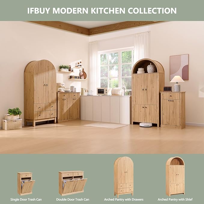 IFBUY Modern Tilt-Out Laundry Hamper Cabinet, 10 Gallon Fluted Trash Can Cabinet with Drawer, Wooden Hidden Garbage Can Cabinets with Laundry Basket, Free Standing for Bathroom & Kitchen, Natural Oak