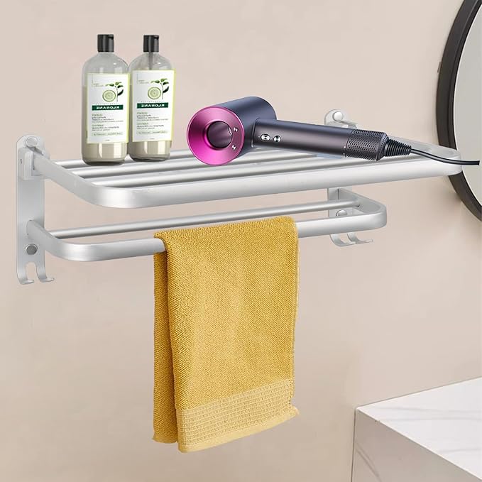 Towel Rack for Bathroom, Bath Towel Holder with Double Towel Bar and Fold-able Towel Shelf, Rustproof Towel Organizer Wall Mounted Towel Storage Hanger for Bath/Balcony/Lavatory(24In Sliver)