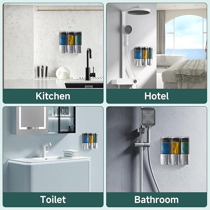 Shampoo and Conditioner Dispenser Wall Mounted No Drill, Shower Soap Dispenser 3 Chamber Shampoo Conditioner Body Wash Refillable 3 * 17oz Shower Soap Dispenser for Bathroom Hotel, Silver+Smoke Gray