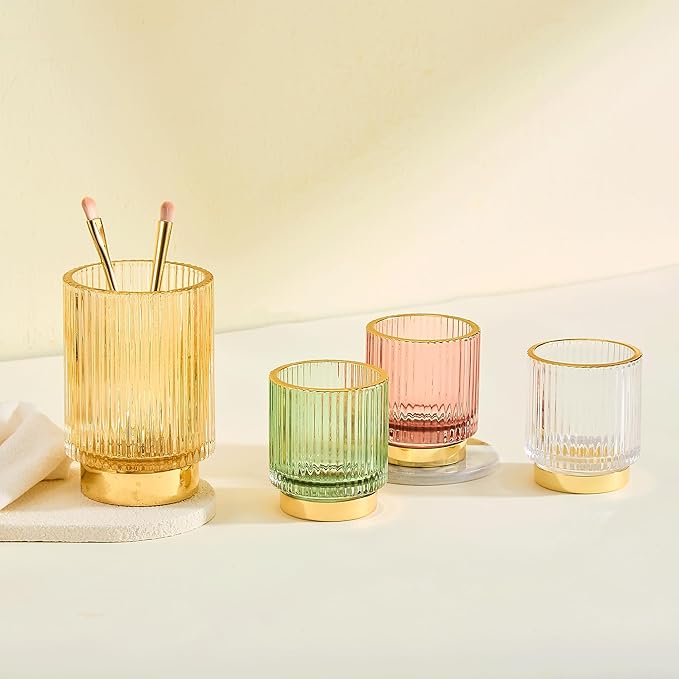 Makeup Brush Holder Organizer,Toothbrush Holders,Desk Pen Pencil Holder,Multifunctional Vintage Glass Brush Cup(L/Gold/A3-7-US)