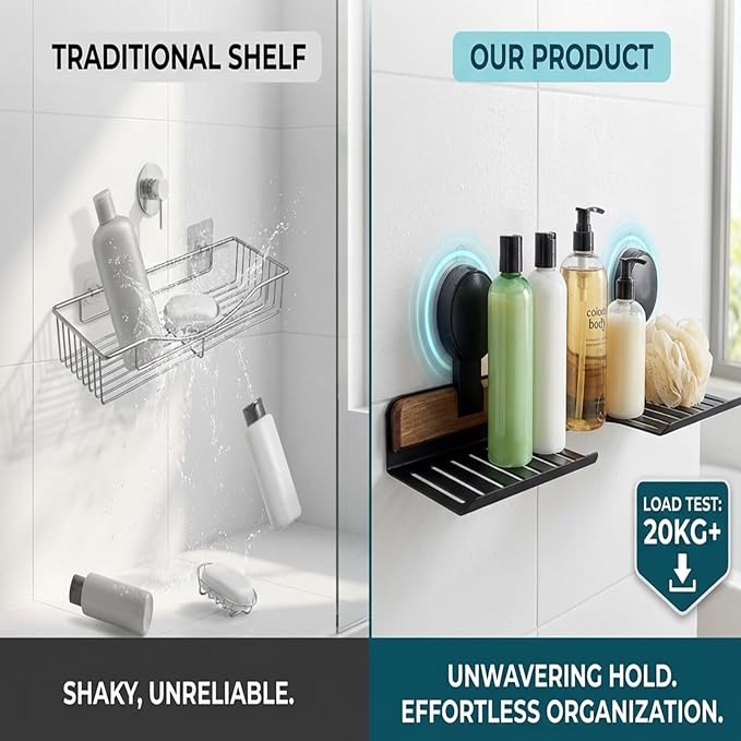 Over Sink Shelf with Walnut, 15.7" Tool-Free Organizer, Strong Suction Cup Rack with Easy Drainage for Kitchen & Bathroom