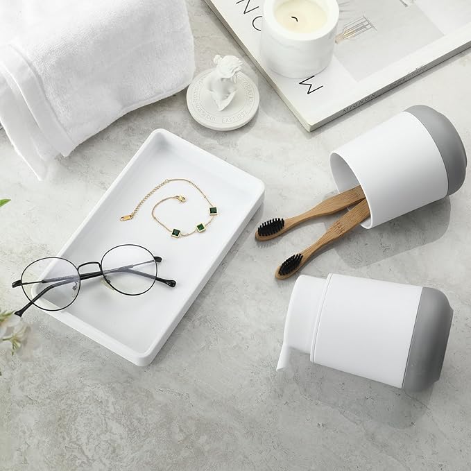 GAHEFY White Bathroom Countertop Accessories Set - Soap Dispenser and Toothbrush Holder with Silicone Boot,Vanity Tray (White Foam)