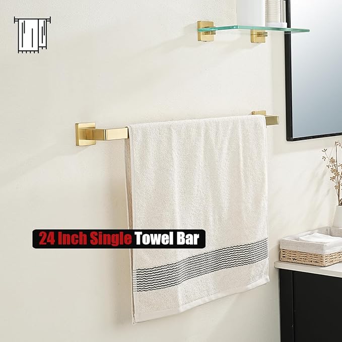 JQK Gold Towel Bar, Rounded Edges 26.41 Inch Towel Rack, 304 Stainless Steel Bathroom Wall Mount, Useable Length 24 Inch, TB250L24-BG