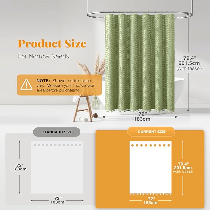 BTTN 78 Inch Long Shower Curtain - 72x78 Tufted Leaves Textured Striped Country Shower Curtain Set with Hooks, Water Repellent, Modern Farmhouse Luxury Hotel Shower Curtains for Bathroom, Sage Green