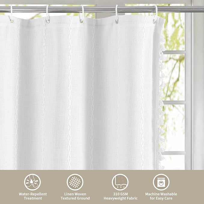 MitoVilla Modern Farmhouse Shower Curtain Set 72 x 78, Boho 78 inch Long Polyester Linen Tassel Fabric Shower Curtain Set for Chic Cottagecore French Rustic Bathroom Decor, White