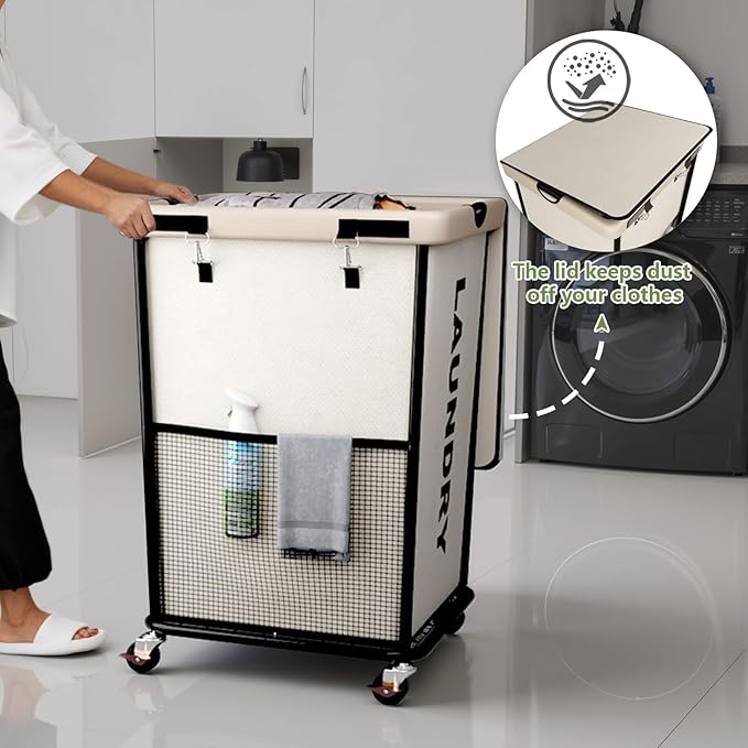 150L Laundry Basket with Wheels, Rolling Laundry Hamper with Cloth Cover, Laundry Cart with Metal Frame & Removable Bag, Large Dirty Clothes Hampers for Bedroom Aesthetic Laundry Room Bathroom, White
