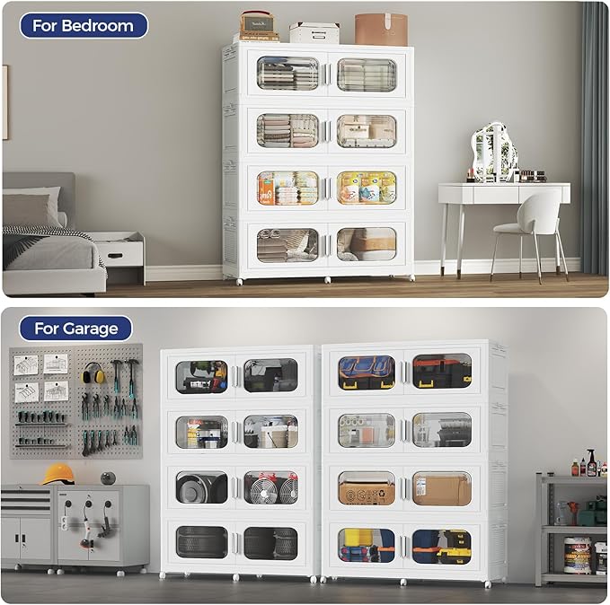 250Gal Extra Large Stackable Storage Bins with Lid & Wheels & Doors, 200QT/50GAL 5-Tiers Collapsible Closet Organizers Plastic Containers Drawers Boxes for Home Kitchen Bedroom, White