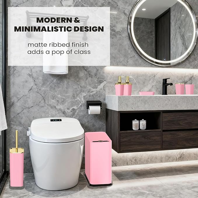 XLHOMO 9-Piece Pink Bathroom Accessories Set - Cute & Functional Set with Slim Trash Can, Soap Dish & Jars - Ideal Gift for Girls, Dorm Room & Modern Vanity Decor