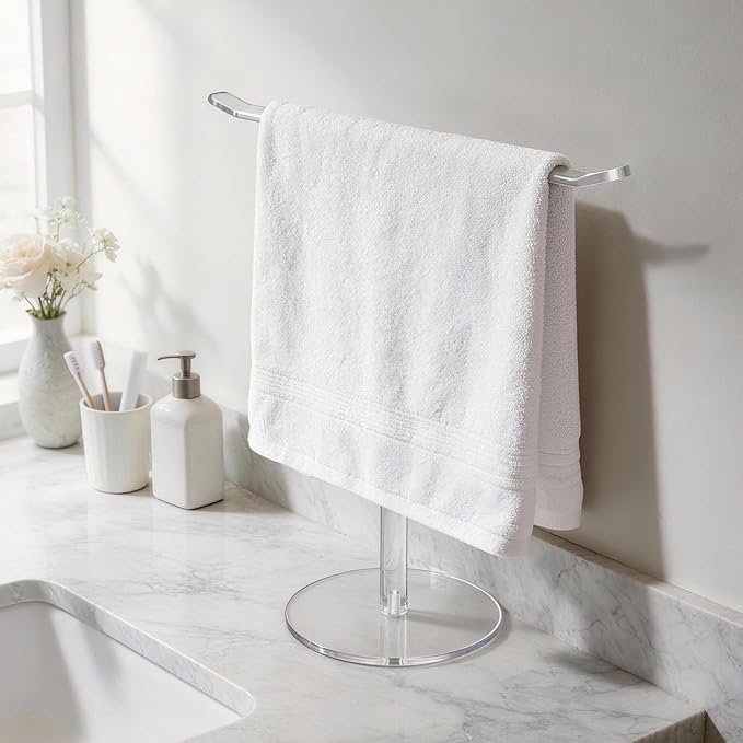 Clear Acrylic Hand Towel Holder Stand, T-Shape Free-Standing Towel Rack for Bathroom & Kitchen Countertop, Modern Minimalist Design, Simple Assembly, 2-Pack Counter Organizer