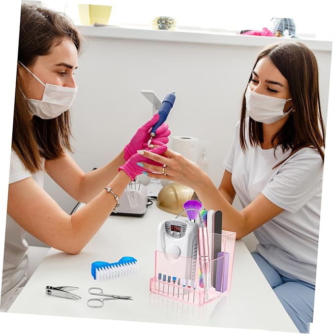 FRCOLOR Nail Drill Bits Holder Stand Display Organizer with Holes Transparent Storage Box for Nail Art Polishing Grinding Drill Bit (Pink)