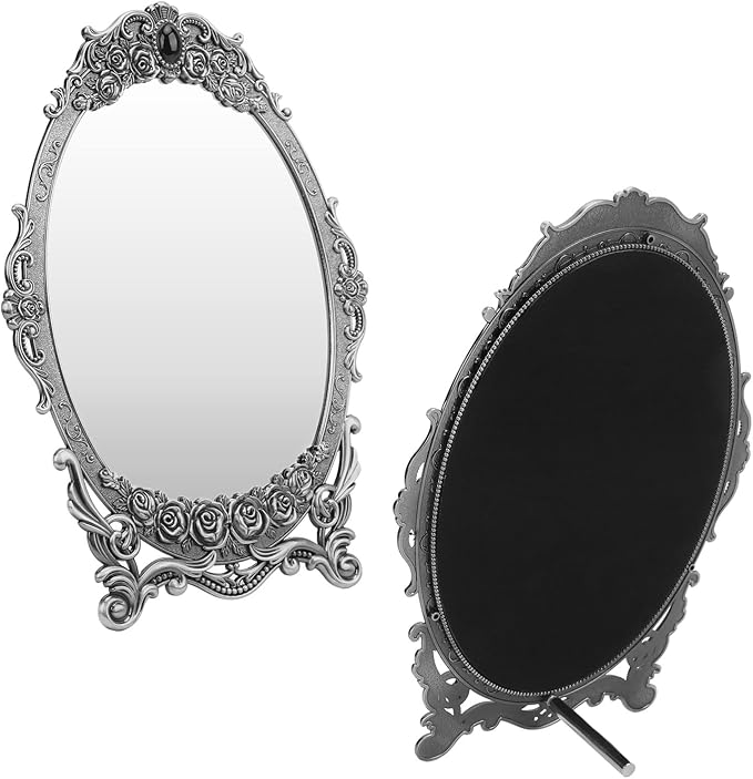 TOPINCN Vintage Oval Floral Embossed Retro Desktop Makeup Mirror with Stand, Clear Image, Zinc Alloy Frame, Wall Mount, Antique Pewter Mirror, 1 Count