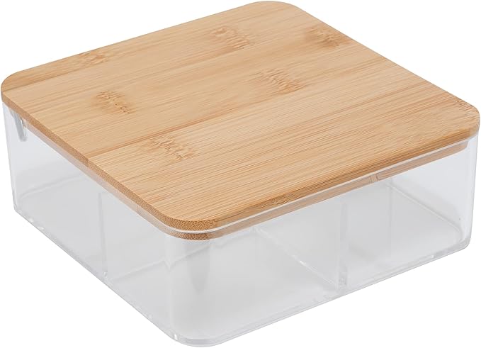 Simplify 3 Compartment Organizer with Bamboo Lid | Mirror | Perfect for Jewelry | Cosmetics | Accessories | Vanity & Countertop | Keepsake Storage Box | Clear