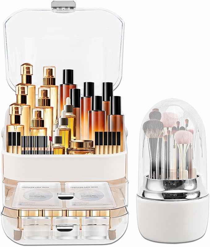 Makeup Organizer Skincare Organizers with Brush Holder, Make Up Storage Box Cosmetic Display Cases, Cosmetics Organizers with Lid and Drawers for Vanity Dresser Countertop, Women Girl Gifts