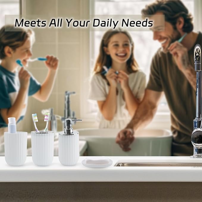 White Bathroom Accessories Set with Shower Curtain, Trash Can, Lotion Soap Dispenser, Soap Dish, Toothbrush Holder, Toothbrush Cup, Toilet Brush Holder and Tray for Bathroom Decor