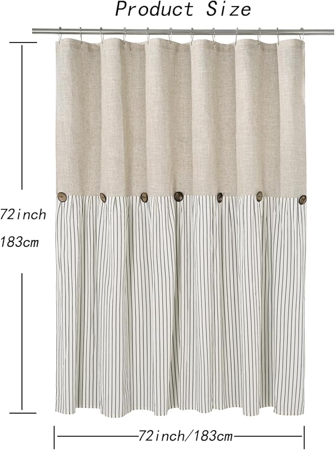 Farmhouse Shower Curtain,Beige and Gray Stripe,Button Curtain,Linen and Cotton Woven Fabric,Rustic Charm Country Chic Style,72x72 in