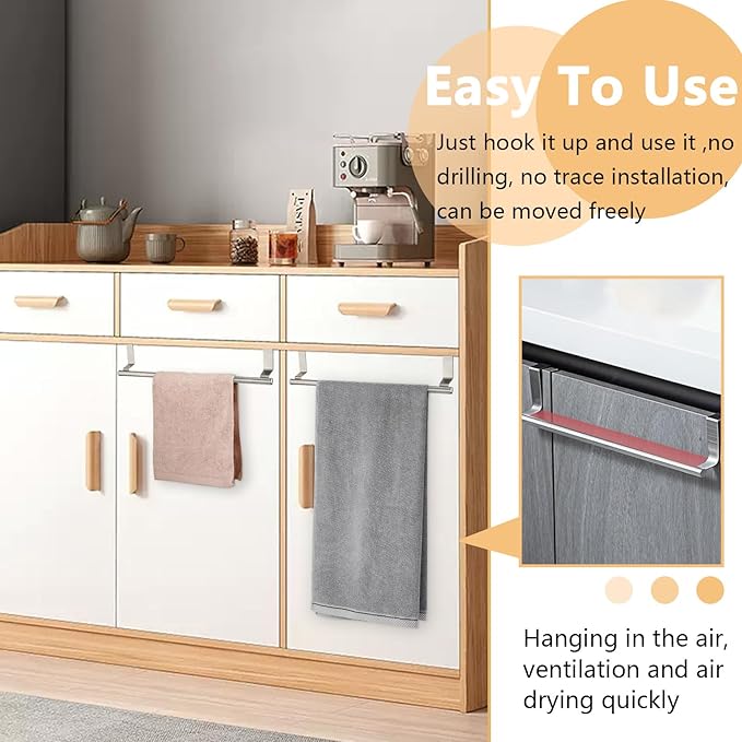2 Pack Over Cabinet Door Towel Rack, 14" Kitchen Towel Holder, Stainless Steel Towel Bar Hand Towel and Dish Towel Holder for Kitchen Bathroom