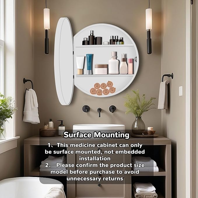 26 Inch Round Medicine Cabinet with Mirror, White Bathroom Medicine Cabinet for Wall Metal Framed, Surface Mount Only Circular Storage Cabinet with Vanity Mirror