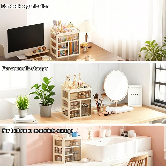 Makeup organizer, 1 large drawer+2 small drawers+1 vertical drawer, suitable for dressing tables, lipsticks, skincare products, and desktop storage boxes