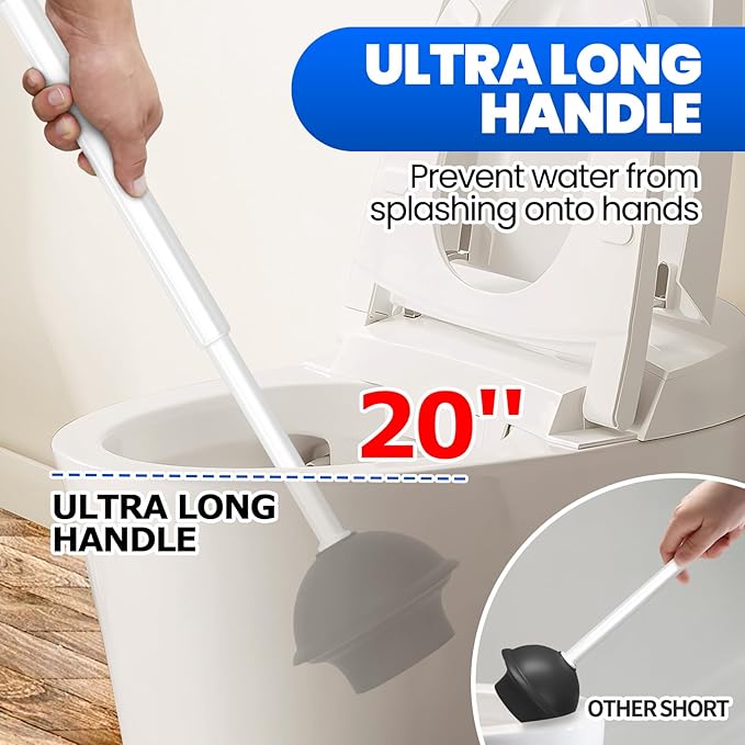 2 in 1 Toilet Brush and Plunger Set, Extended Handle Plunger,Toilet Bowl Brush Plunger Set,Gap Brush,Cleaning Gloves,Bathroom Cleaning Tools,Toilet Brush Plunger Combo,Light Grey