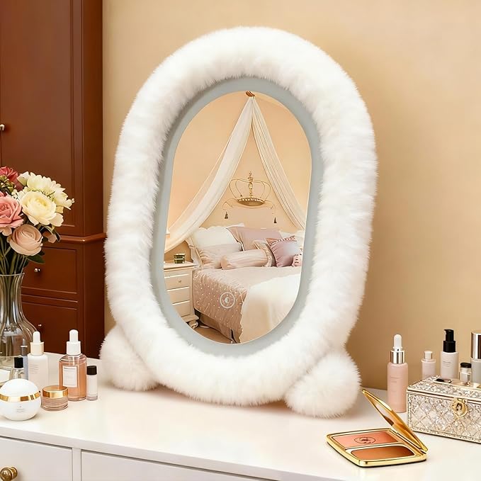 Lighted Makeup Mirror, 12”x16” Vanity Mirror with 3 Colors, Fur Wrapped Cosmetic Light Up Mirror Smart Touch Dimmable 3 Modes Light Tabletop Compact Mirror for Women Girlfriend Gift (White)
