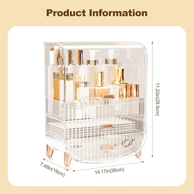 Ergocar Portable Transparent PET Series Multi-Function Make Up Case Dustproof Cosmetic Storage Box, Cosmetics Skin Care Products Jewelry Organizer Case Lipstick Box - White Three Layers