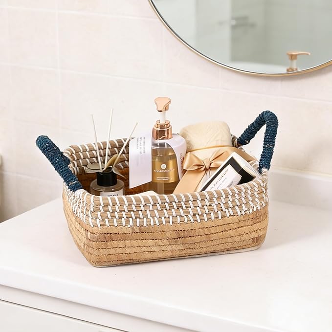 4 Pack Laundry Baskets Hamper, Storage Basket for Home Organizing, 50L Large Seagrass Blanket Basket, 30L Clothes Hamper with Handles, 10L & 8L Cube Woven Wicker Basket with Lid - Blue