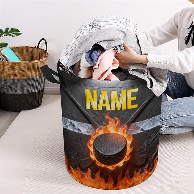 Personalized Ice Hockey Laundry Hamper Custom Name Funny Dirty Clothes Laundry Basket Portable Storage Basket For Home Bathroom Family Hockey Lovers Xmas Birthday (style 20)