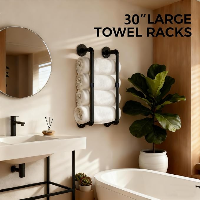 Industrial Pipe Towel Rack for Rolled Towels,Towel Rack for Bathroom,Wall Mounted Metal Towel Holders for Small Bathroom,Bathroom Organizer Storage,5.5" W x 30" H,Black