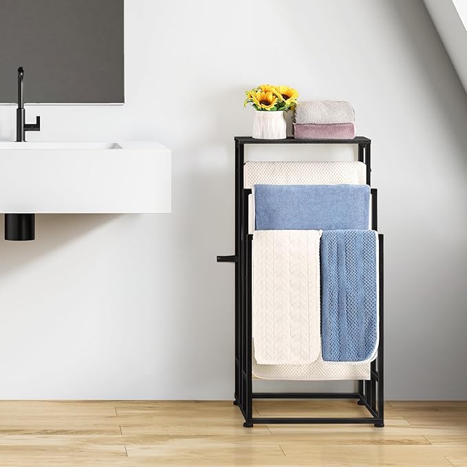 Freestanding Towel Rack 3 Tier Towel Drying Rack for Bathroom Small Standing Hand Towel Holder Black Towel Rack Stand with Storage Shelf for College Dorm Pool Side (Black)