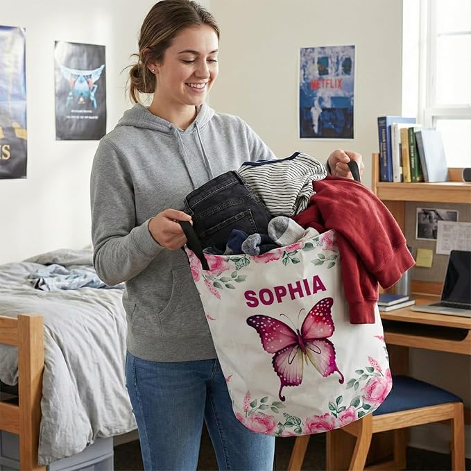 Custom Butterfly Laundry Baskets, Personalized Butterfly Gifts for Butterflies Lovers, Collapsible Laundry Hamper with Name for Kids Adults Home Decoration