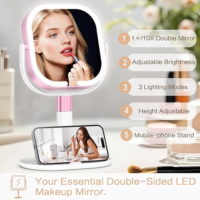 Makeup Mirror with Lights, 1X/10X Magnifying Vanity Mirror with 3 Colors, 2000mAh Rechargeable Double Sided Magnifying Mirror, Height Brightness Adjustable, 360° Rotation Vanity(Rose)