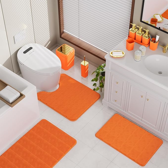 Bathroom Set - 27PC Bathroom Sets with Shower Curtain and Rugs, Orange Bathroom Set, Orange Bathroom Accessories Set with Push-lid Trash Can, Toilet Brush & Soap Dispensers